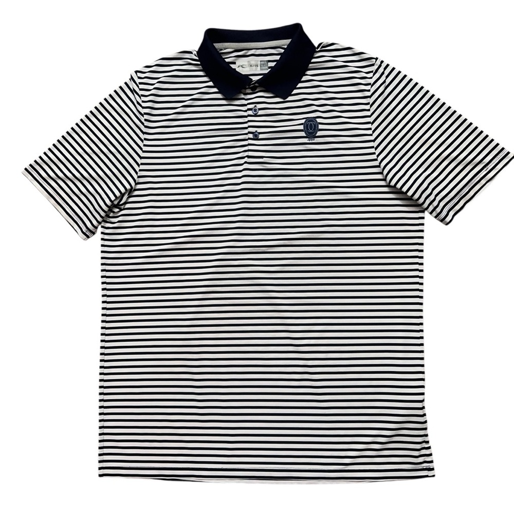 KJUS Polo Shirt Size L 52 Short Sleeve Performance Golf Stretch Blue Striped